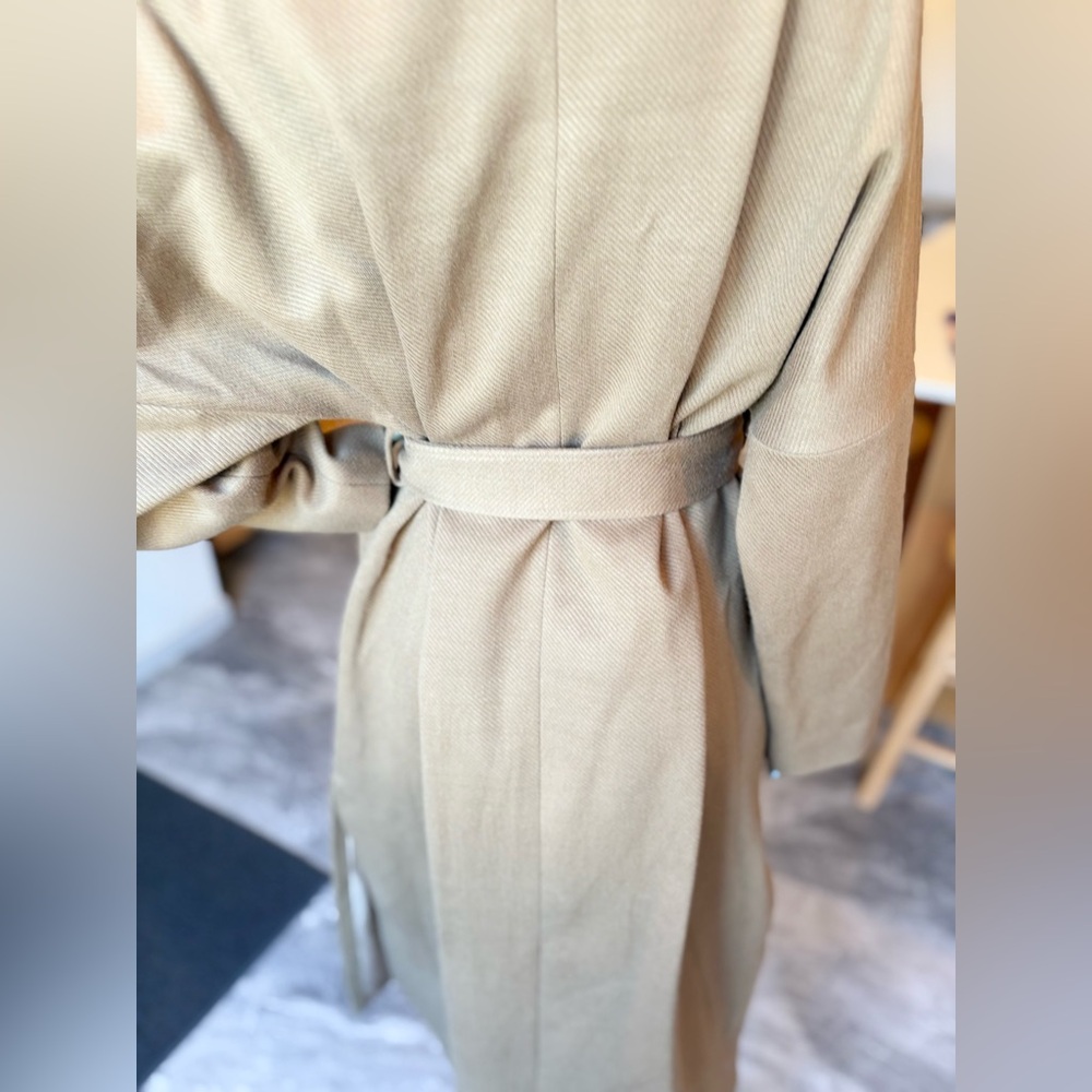 Midi Camel /Caramel Color Open With Tie Waist Round Neck Drop Shoulder Wrap Coat - Picture 7 of 15